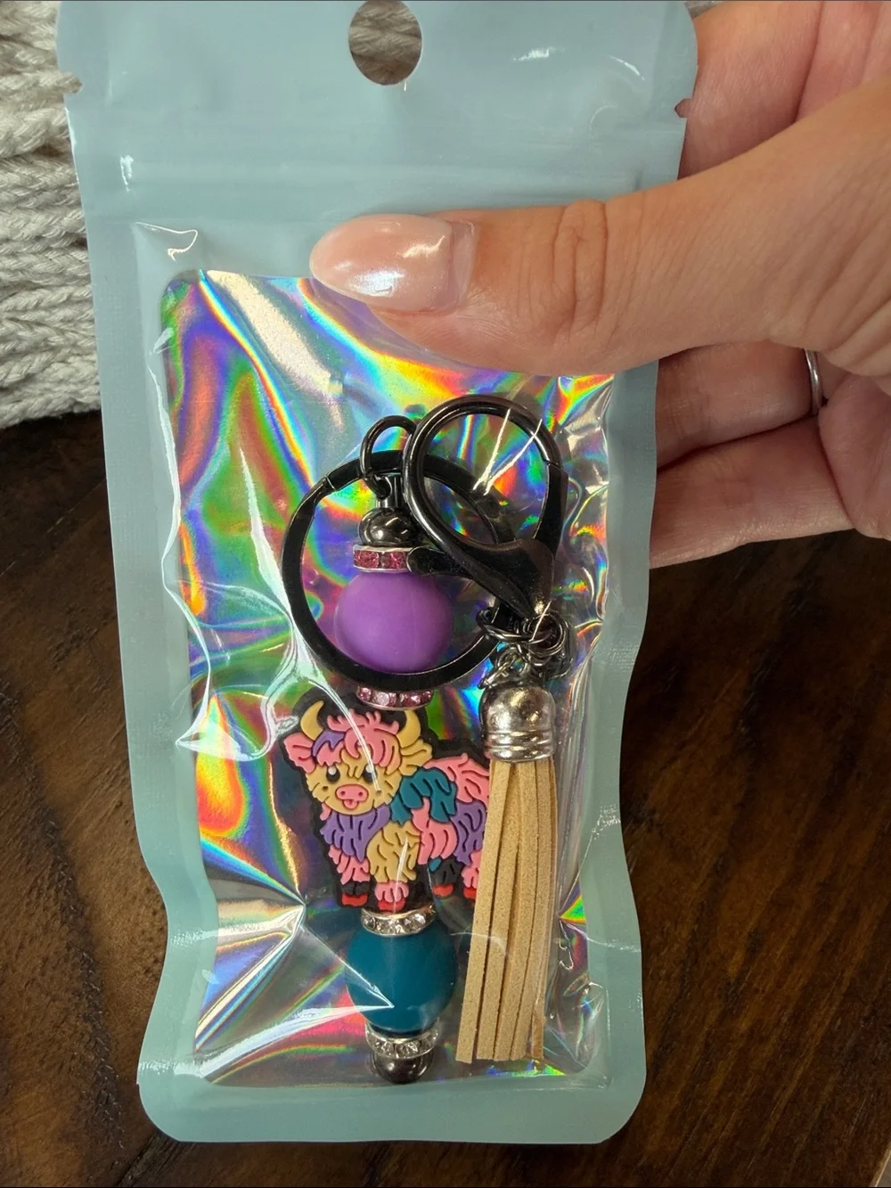 Colorful Highland Cow Keychain with Tassel - Purple & Teal